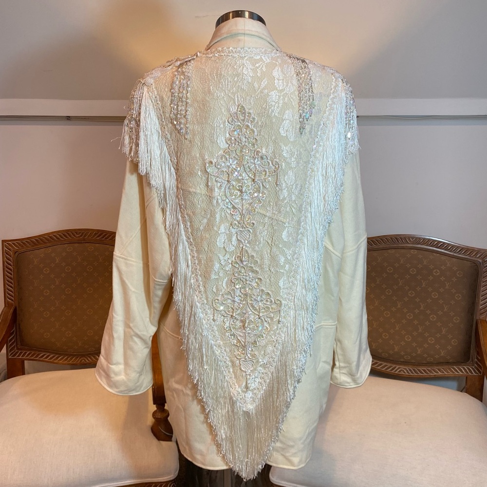 Vintage 70s RARE Cream Wool Coat Jacket Western Cowgirl Beads Fringe Avant Garde